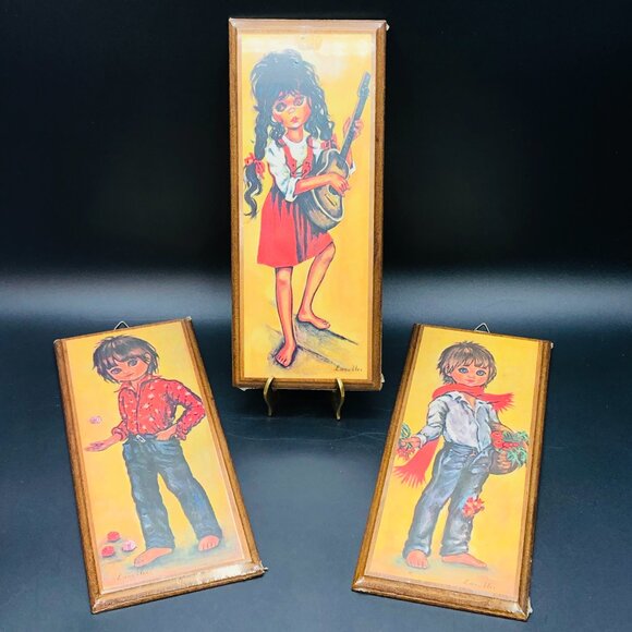 60s Big Eye Kid Print Wood Plaque Wall Hanging Set of 3 New Old Stock Boho Gypsy - Picture 2 of 10